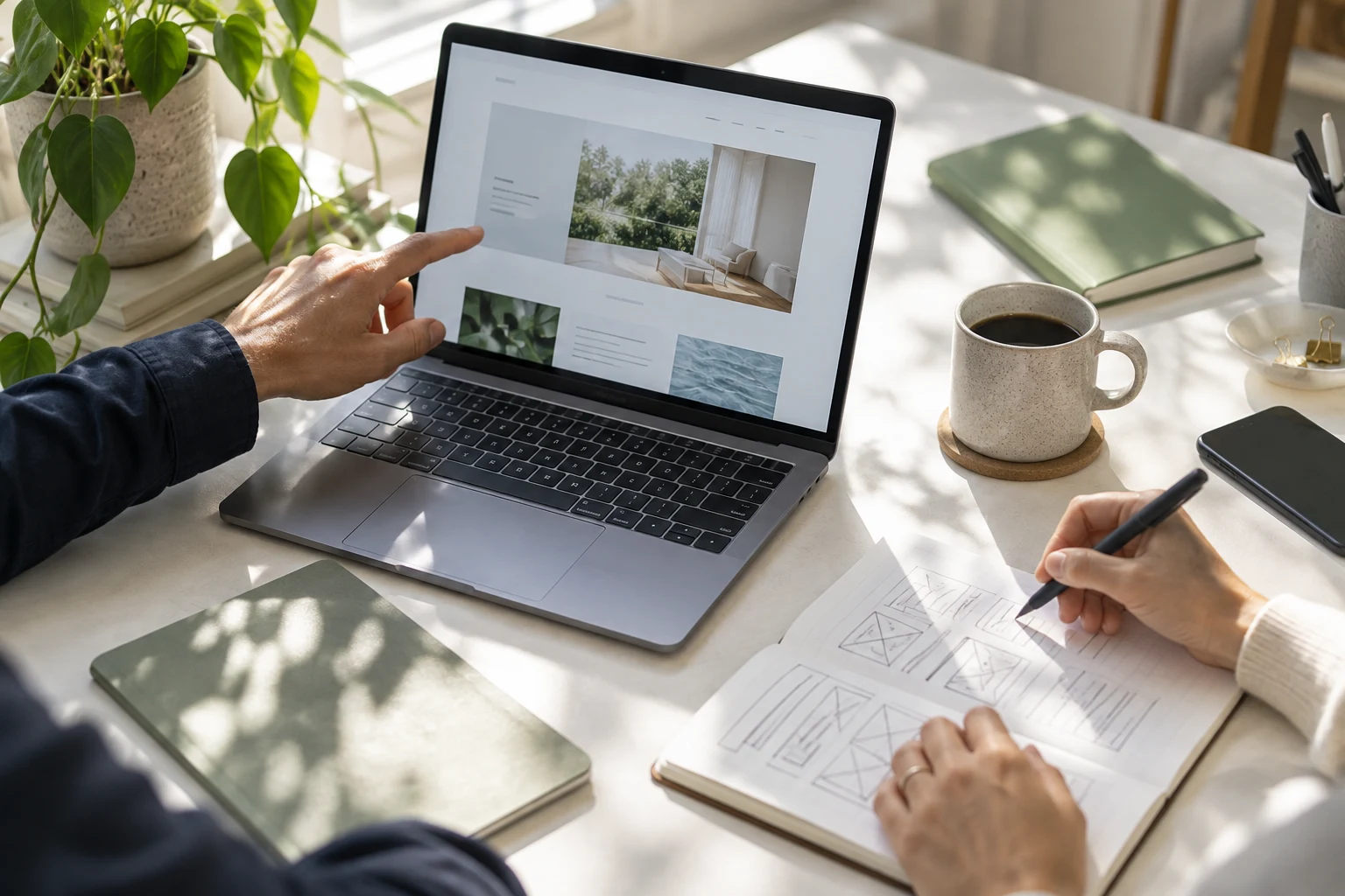 An illustrated studio moment: two people reviewing website plans together